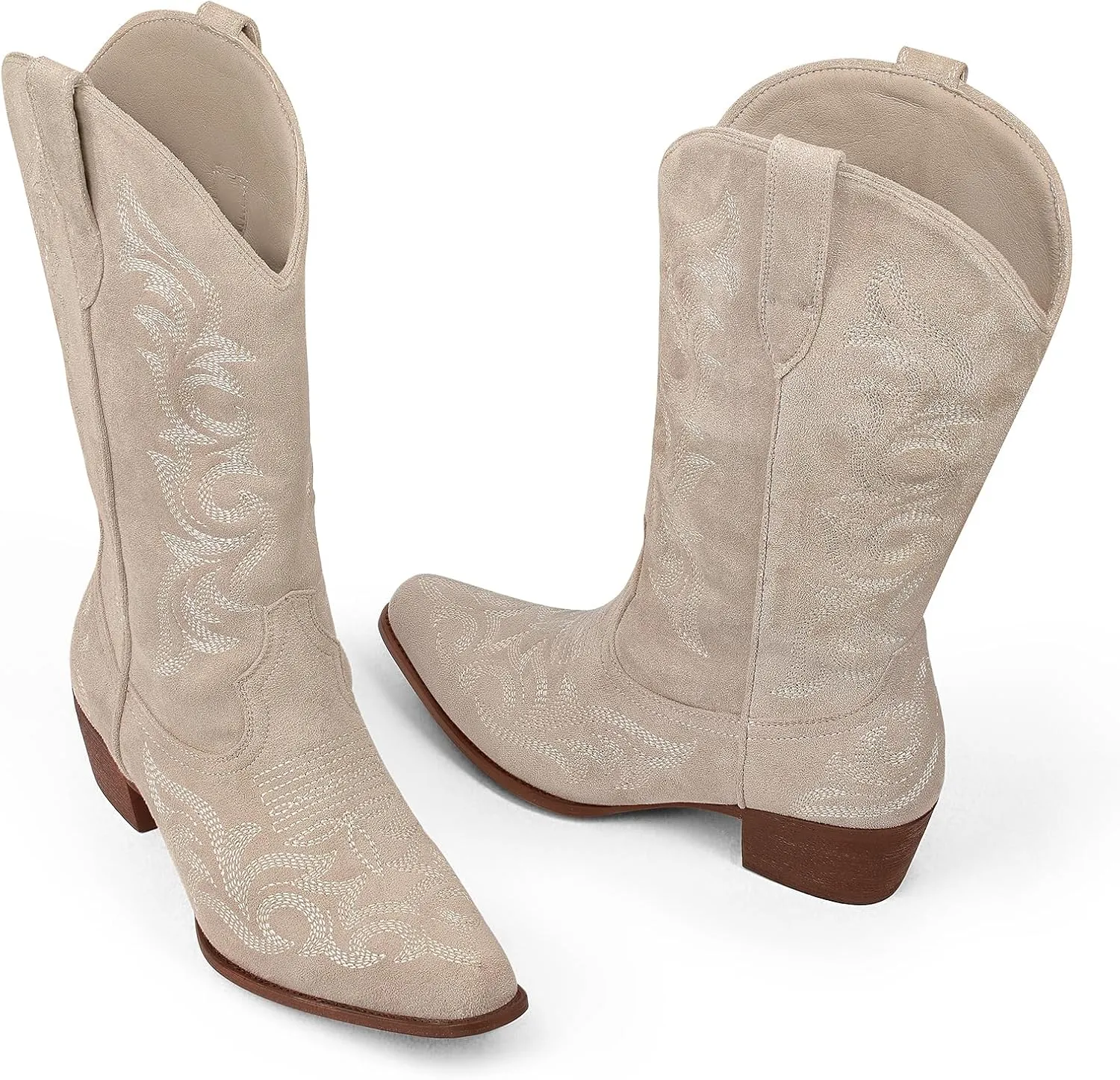 Ouepiano Cowboy Boots for Women Cowgirl Mid Calf Western Embroidered Chunky heels Pointed Toe Pull On Vintage Fashion Country Boot