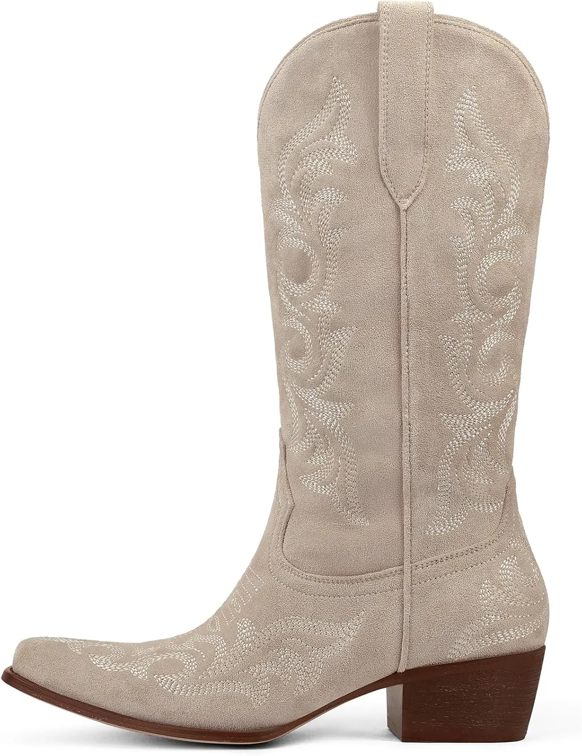 Ouepiano Cowboy Boots for Women Cowgirl Mid Calf Western Embroidered Chunky heels Pointed Toe Pull On Vintage Fashion Country Boot
