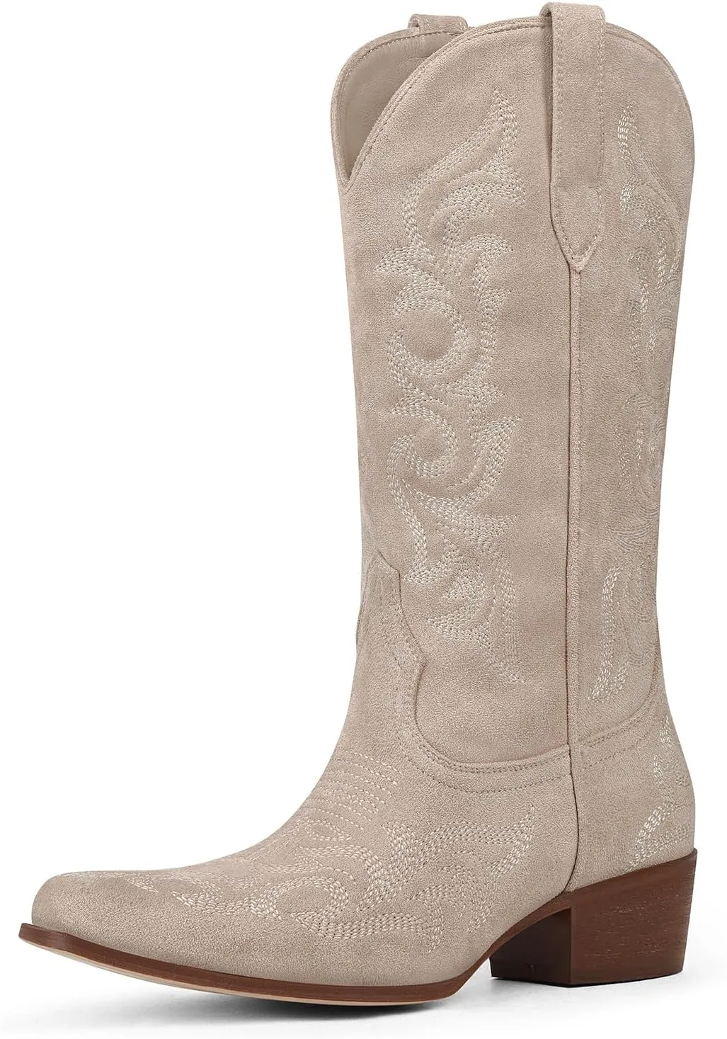 Ouepiano Cowboy Boots for Women Cowgirl Mid Calf Western Embroidered Chunky heels Pointed Toe Pull On Vintage Fashion Country Boot