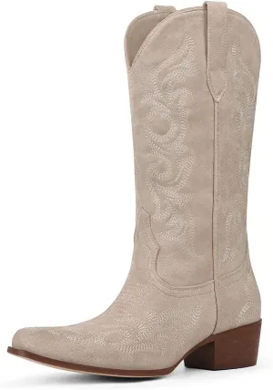 Ouepiano Cowboy Boots for Women Cowgirl Mid Calf Western Embroidered Chunky heels Pointed Toe Pull On Vintage Fashion Country Boot