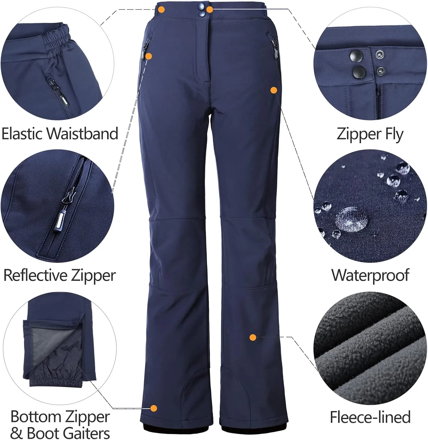 Outdoor Ventures Women's Snow Pants Waterproof Windproof Outdoor Fleece Lined Softshell Insulated Ski Pants with Boot Gaiters