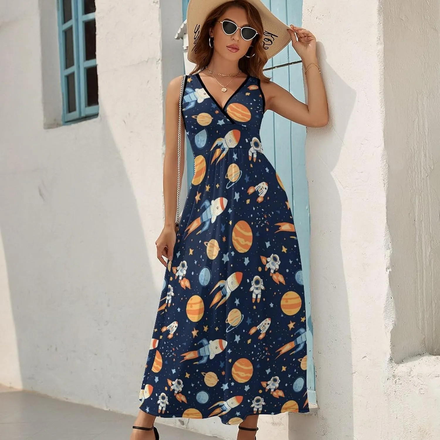 Outer-Space Astronaut Rocket Dresses for Women Sleeveless V Neck Long Maxi Dress Casual Tank Swing Dresse