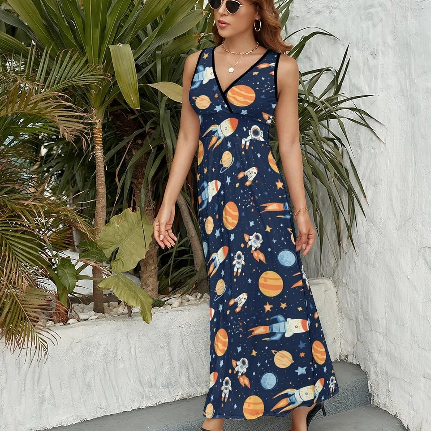Outer-Space Astronaut Rocket Dresses for Women Sleeveless V Neck Long Maxi Dress Casual Tank Swing Dresse