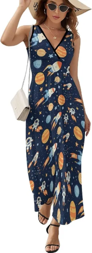 Outer-Space Astronaut Rocket Dresses for Women Sleeveless V Neck Long Maxi Dress Casual Tank Swing Dresse