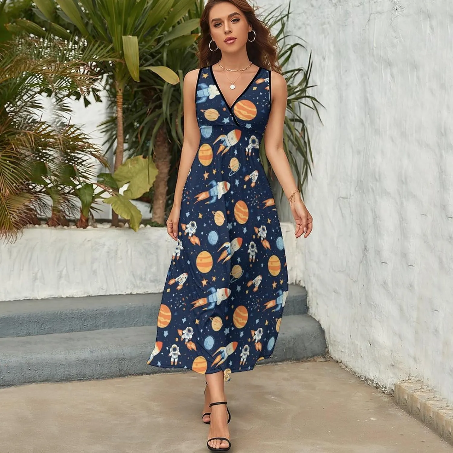 Outer-Space Astronaut Rocket Dresses for Women Sleeveless V Neck Long Maxi Dress Casual Tank Swing Dresse