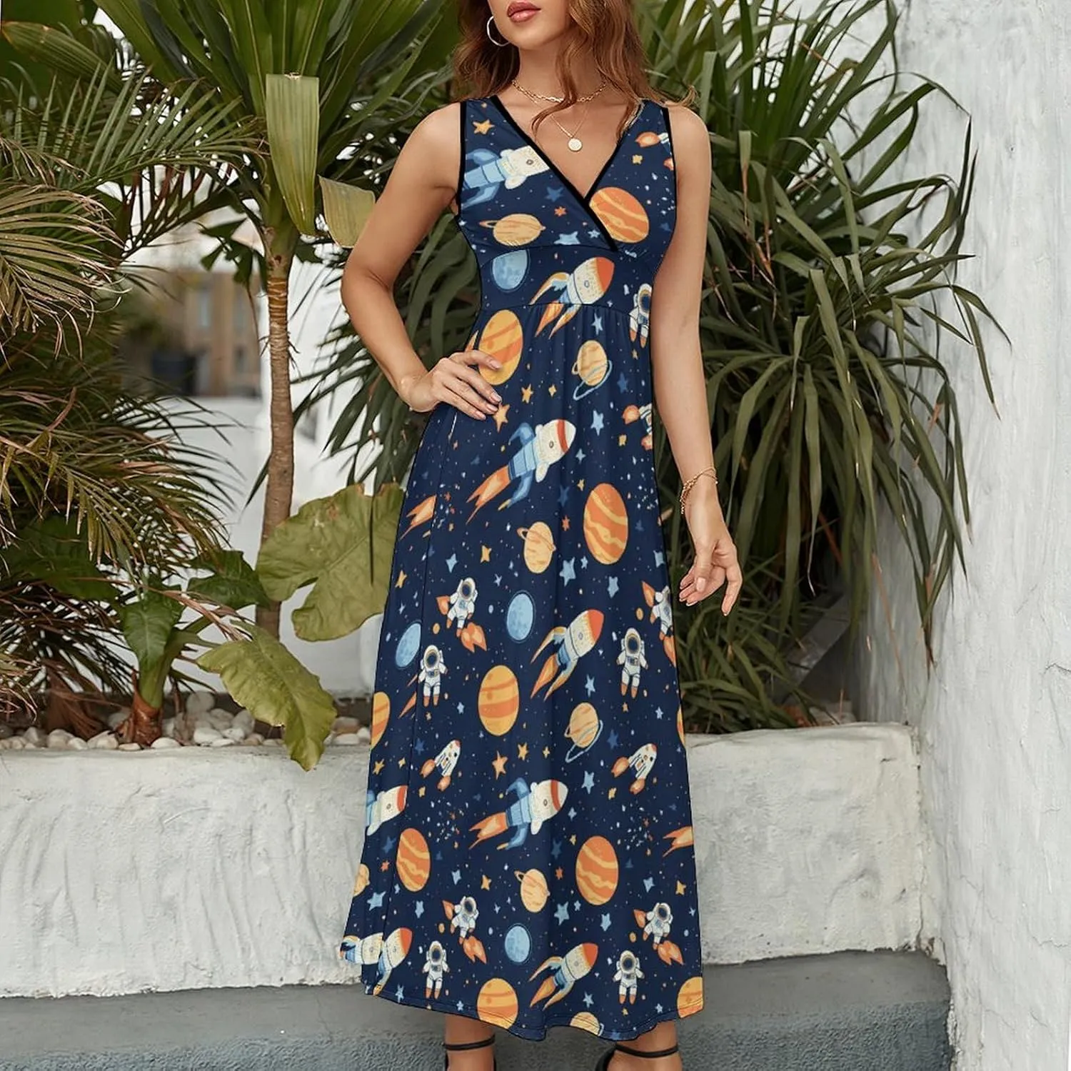 Outer-Space Astronaut Rocket Dresses for Women Sleeveless V Neck Long Maxi Dress Casual Tank Swing Dresse