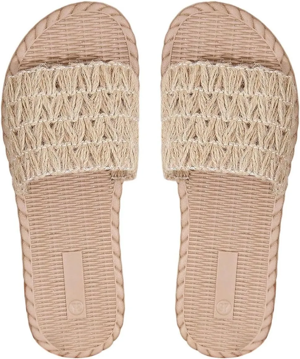 OYOANGLE Women's Boho Linen Braided Single Band Slide Sandals Beach Vacation Straw Flat Sandal