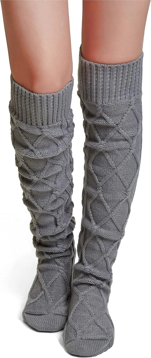 Pcavin Thigh High Socks for Women Cable Knit Over the Knee Boot Socks, Long Warm Leg Warmers Winter(Gray)