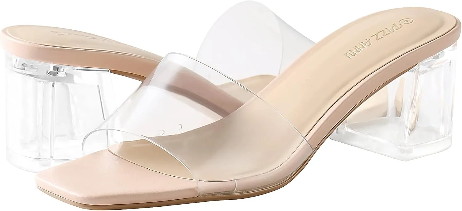 PIZZ ANNU Women's Square Open Toe Heels Sandals Low Block Chunky Heeled Sandal Slip on Mules Comfortable Casual Dress Pumps Shoes