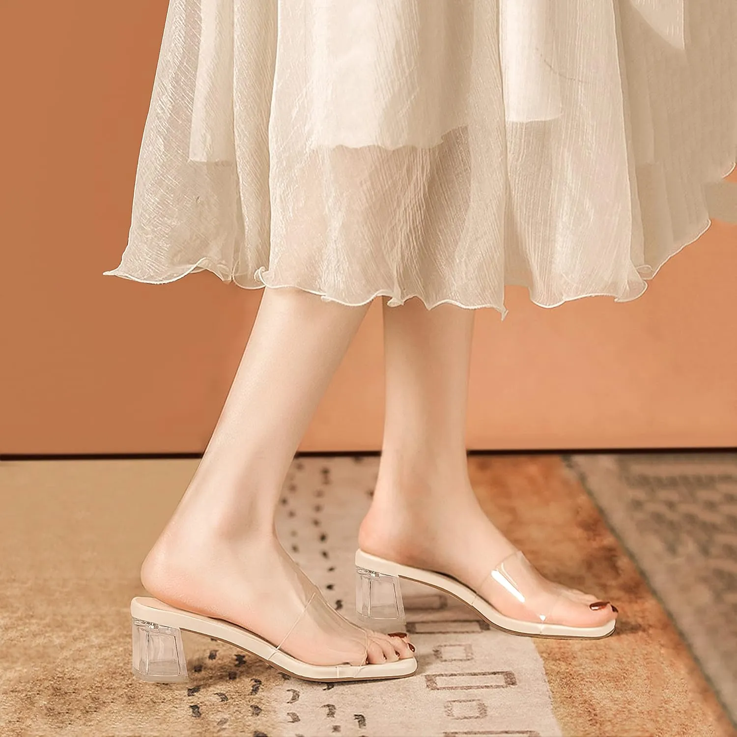 PIZZ ANNU Women's Square Open Toe Heels Sandals Low Block Chunky Heeled Sandal Slip on Mules Comfortable Casual Dress Pumps Shoes