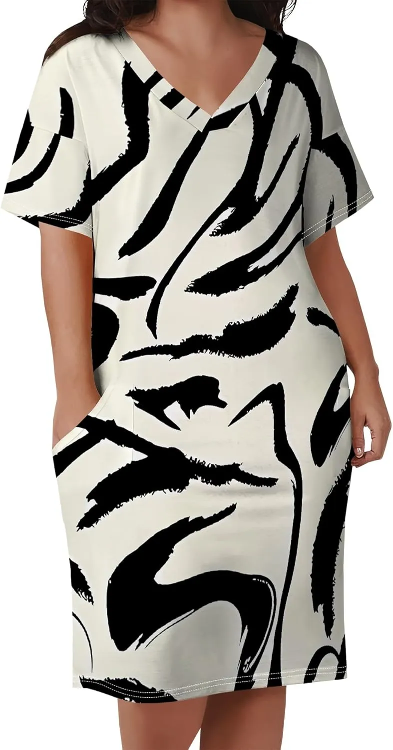 Plus Size Tshirt Dresses for Curvy Women African Attire Dress Midi T Shirt Sundress Oversized Dresses with Pocket