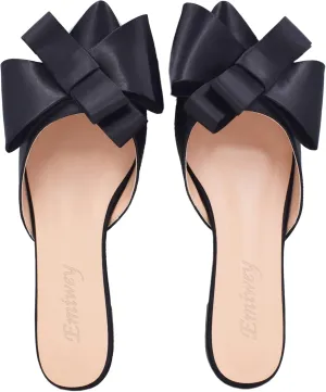 Pointed Toe Bow-Knot Flat Backless Slip On Slide Mules for Women