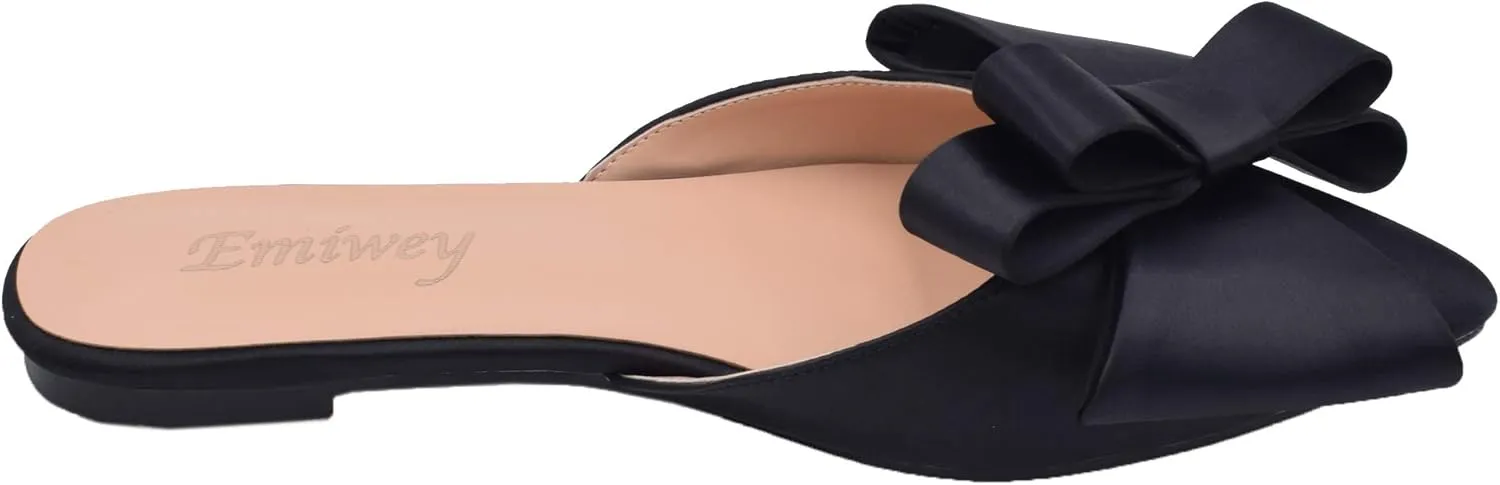 Pointed Toe Bow-Knot Flat Backless Slip On Slide Mules for Women