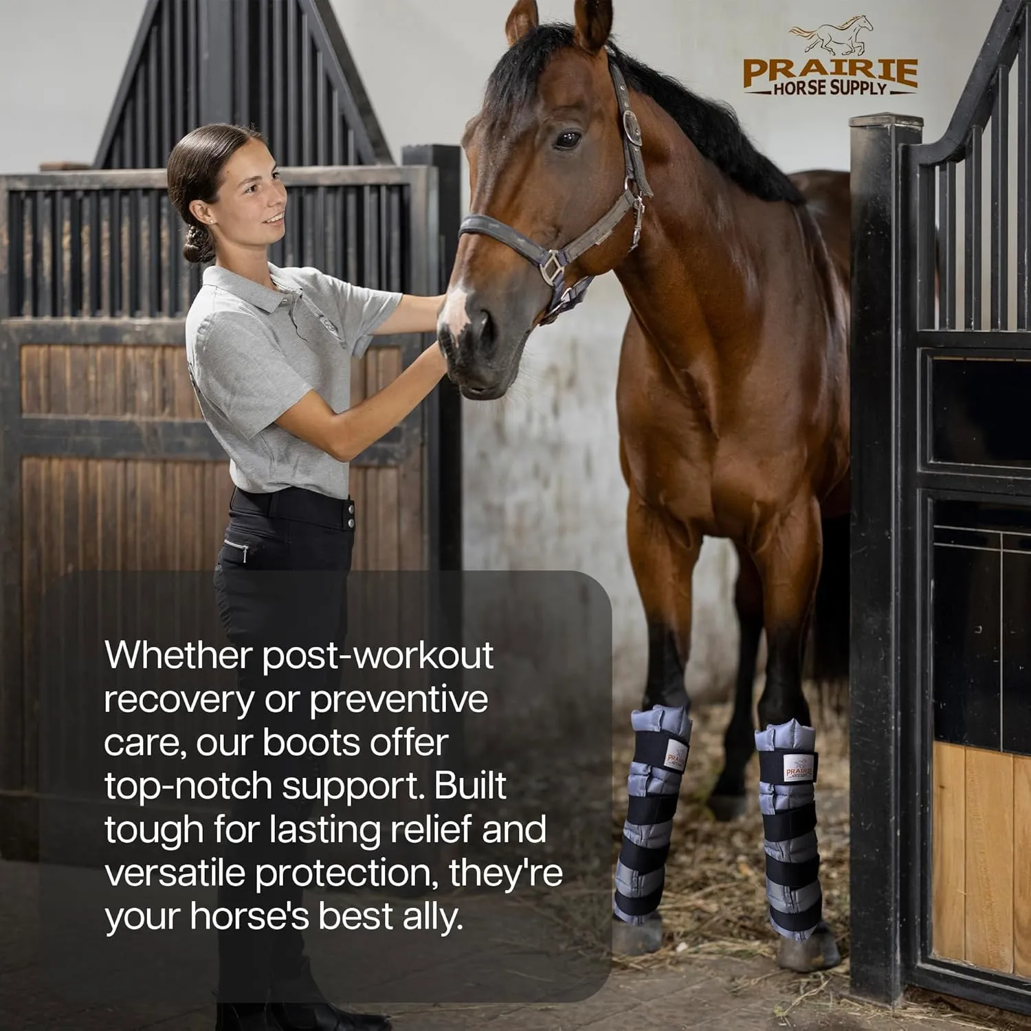 Prairie Horse Supply - Durable Nylon Ice Boots for Horses & Ponies - Cold Therapy Gel Boot Wrap for Hock, Ankle, Knee, Legs, Hooves One Size - Black Flexible Straps, Skid & Shipping Boots - (Gray)