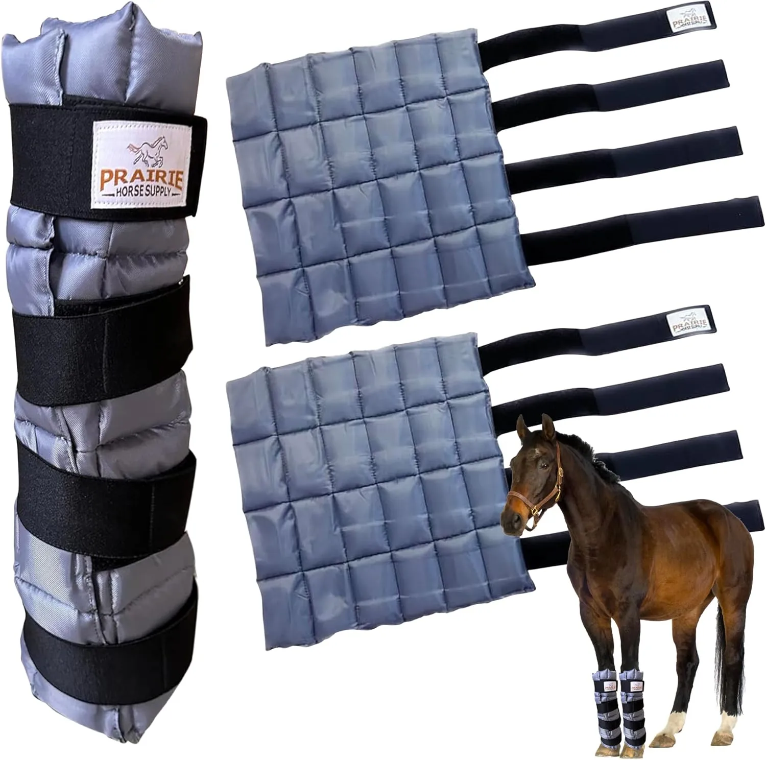 Prairie Horse Supply - Durable Nylon Ice Boots for Horses & Ponies - Cold Therapy Gel Boot Wrap for Hock, Ankle, Knee, Legs, Hooves One Size - Black Flexible Straps, Skid & Shipping Boots - (Gray)