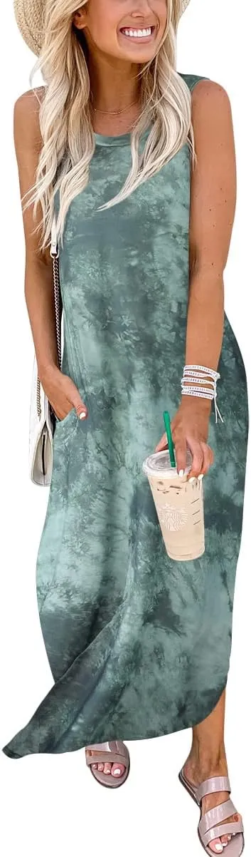 Prinbara Women's Maxi Dress Summer Casual Long Subdress Sleeveless Split Loose Trendy Beach Dresses