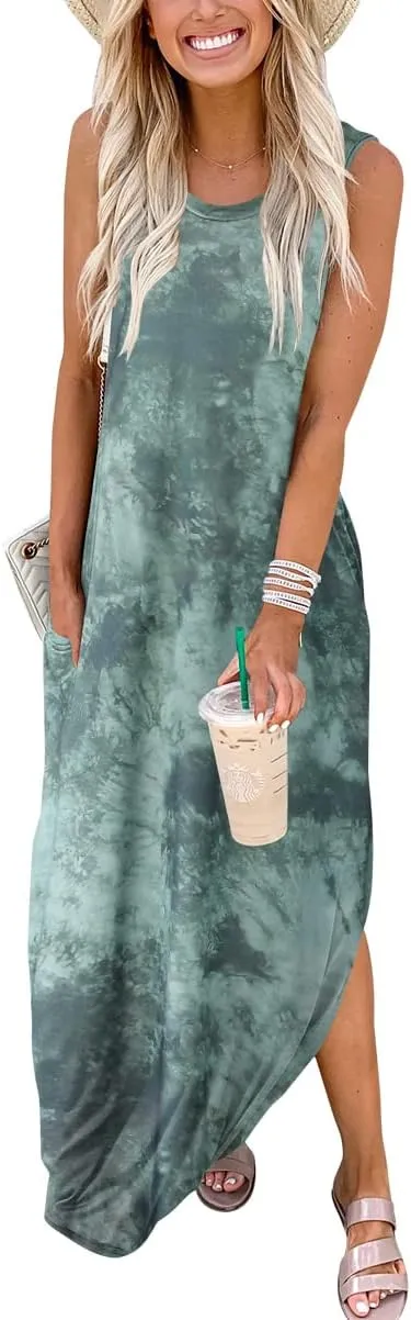 Prinbara Women's Maxi Dress Summer Casual Long Subdress Sleeveless Split Loose Trendy Beach Dresses