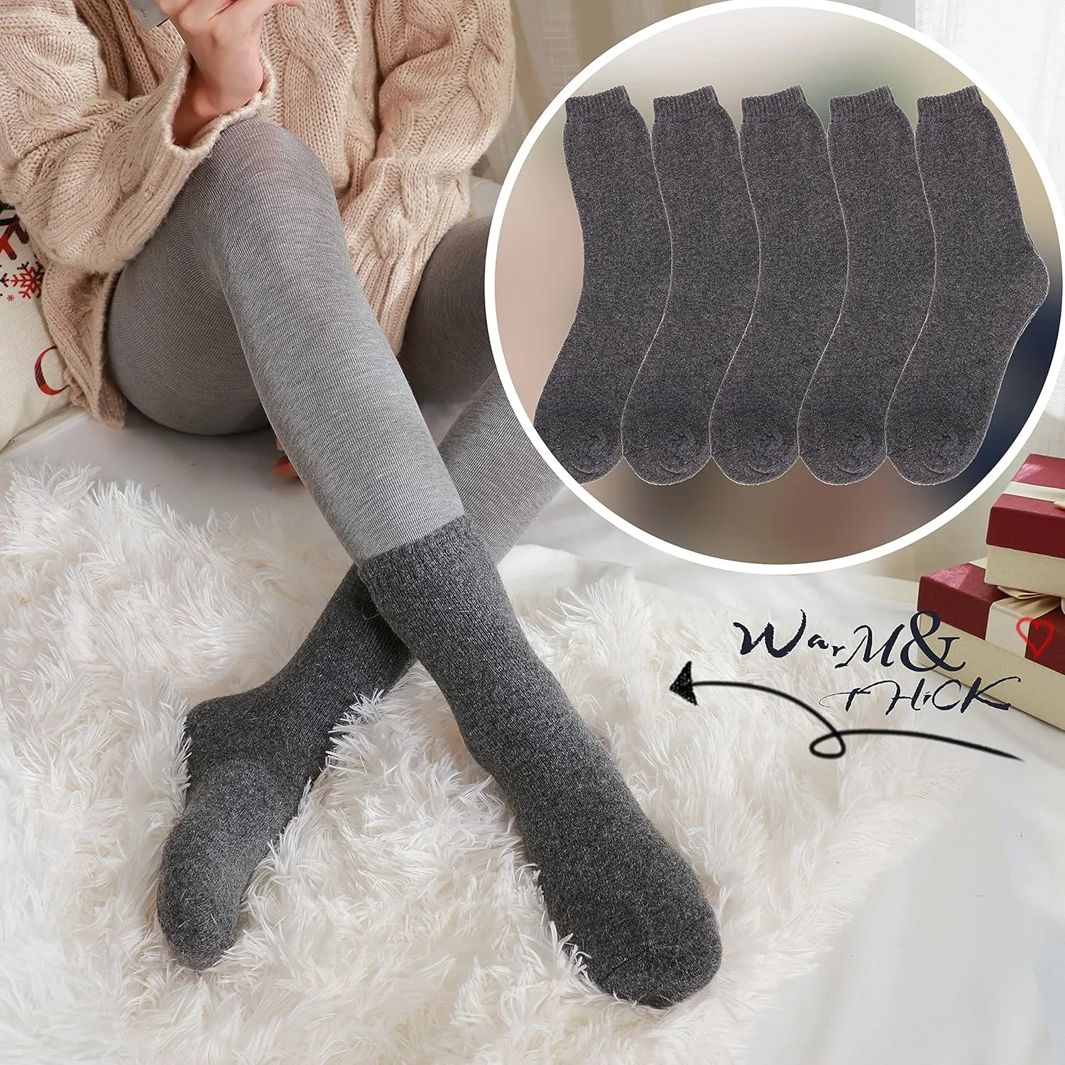 ProEtrade Merino Wool Socks Thermal Warm Winter Thick Hiking Boot Cozy Crew Cabin Comfy for Womens Ladies Work Socks 5 Pack