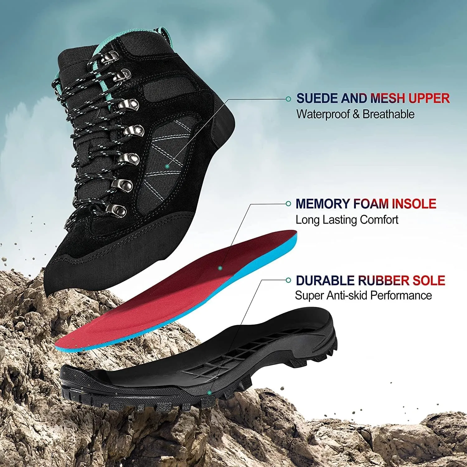 R CORD Hiking Boots Women Waterproof Ankle Support Womens Hiking Boots Backpacking Boots Breathable Non-slip Durable Hiking Boots for Outdoors