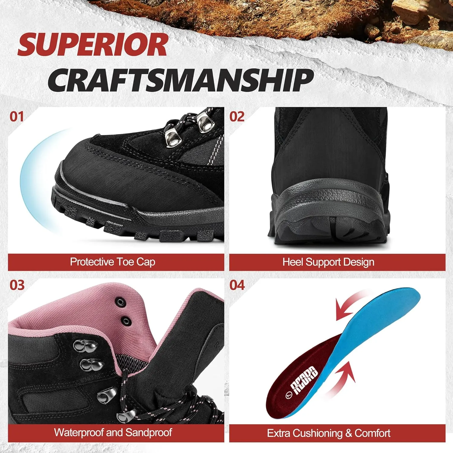 R CORD Snow Boots for Women Ankle Winter Boots for Women Hiking Boots Women Waterproof Durable Womens Hiking Boots for Outdoors