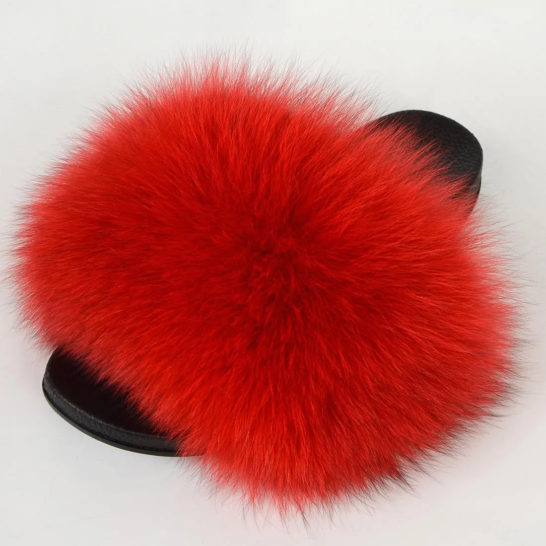 Real Fox Fur Slides Women Furry Fluffy Fur Slippers Open Toe Flat Slide Fur Sandals Outdoor Indoor