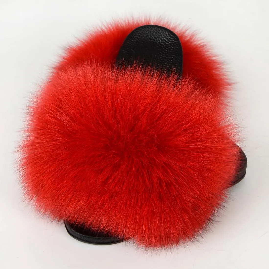 Real Fox Fur Slides Women Furry Fluffy Fur Slippers Open Toe Flat Slide Fur Sandals Outdoor Indoor