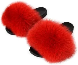 Real Fox Fur Slides Women Furry Fluffy Fur Slippers Open Toe Flat Slide Fur Sandals Outdoor Indoor