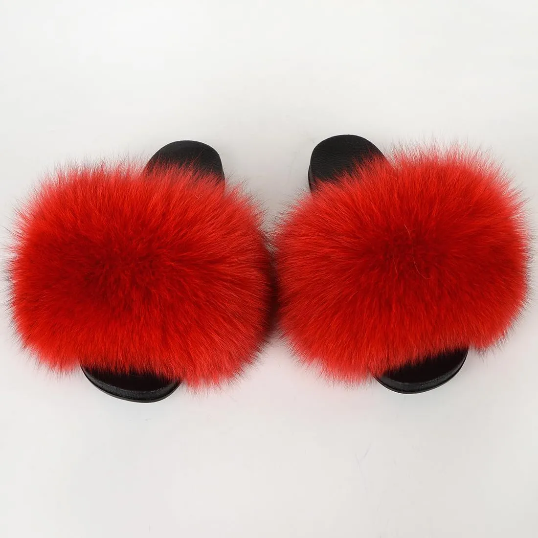 Real Fox Fur Slides Women Furry Fluffy Fur Slippers Open Toe Flat Slide Fur Sandals Outdoor Indoor