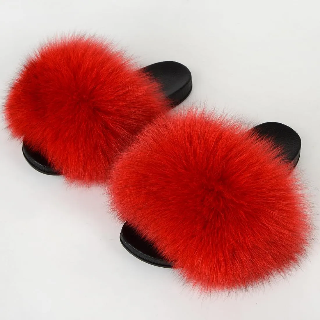 Real Fox Fur Slides Women Furry Fluffy Fur Slippers Open Toe Flat Slide Fur Sandals Outdoor Indoor