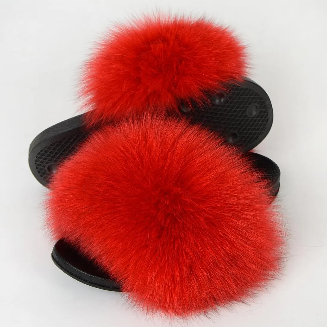 Real Fox Fur Slides Women Furry Fluffy Fur Slippers Open Toe Flat Slide Fur Sandals Outdoor Indoor