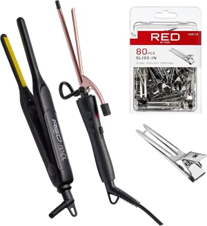 RED by KISS 3 Pcs Styling Set, 0.3” Ceramic Tourmaline Pencil Flat Iron, 1/4” Extra Small Curling Iron, 80pcs Slide-in Hair Clips, for Edges, Tight Curls, Twist Styles & Frizz Control On Short Hair