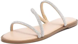 REDTOP Women's Rhinestone Flat Sandals Slip on Open Toe Memory Foam Sandals Slide Sandals for Women