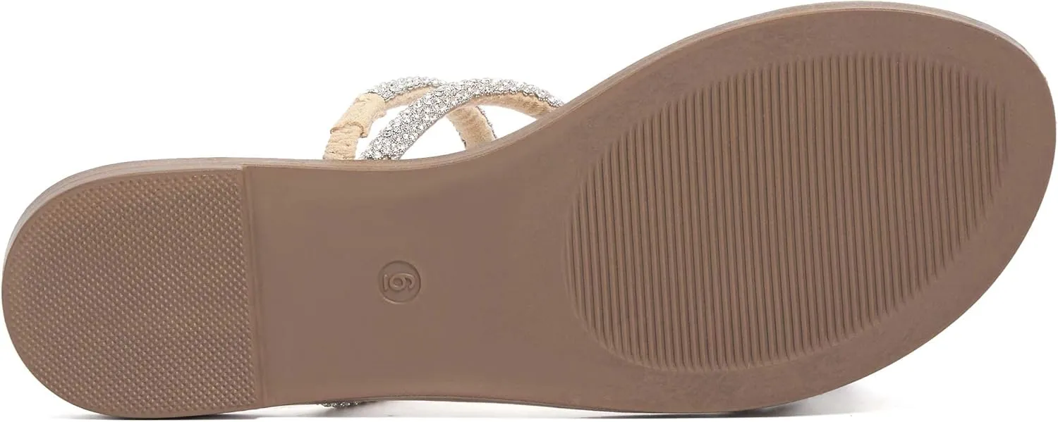 REDTOP Women's Rhinestone Flat Sandals Slip on Open Toe Memory Foam Sandals Slide Sandals for Women