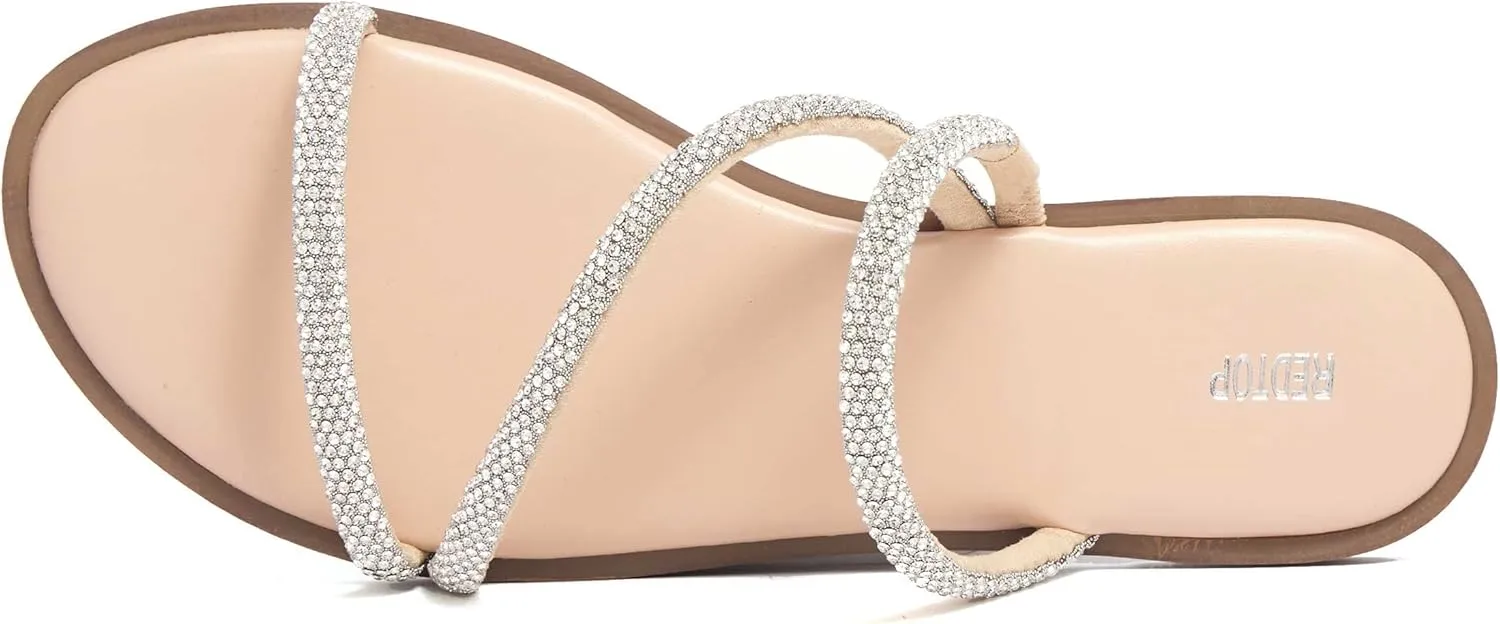 REDTOP Women's Rhinestone Flat Sandals Slip on Open Toe Memory Foam Sandals Slide Sandals for Women