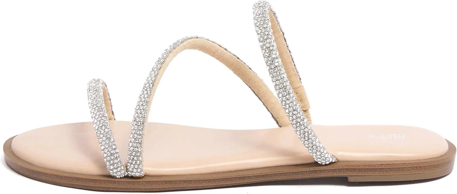 REDTOP Women's Rhinestone Flat Sandals Slip on Open Toe Memory Foam Sandals Slide Sandals for Women