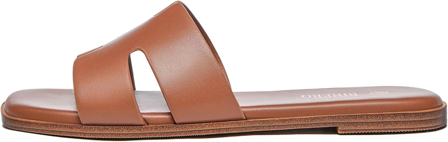 Rihero Women's Dressy Flat Sandals Comfortable Slip On Leather Slide Sandals