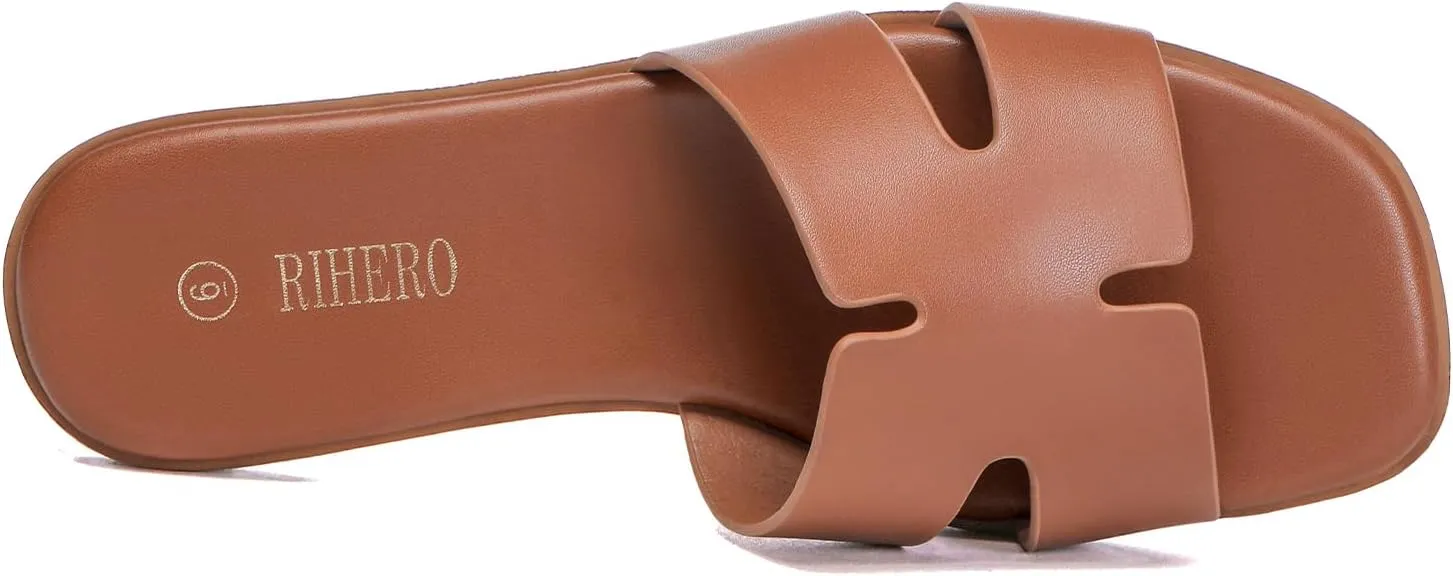 Rihero Women's Dressy Flat Sandals Comfortable Slip On Leather Slide Sandals