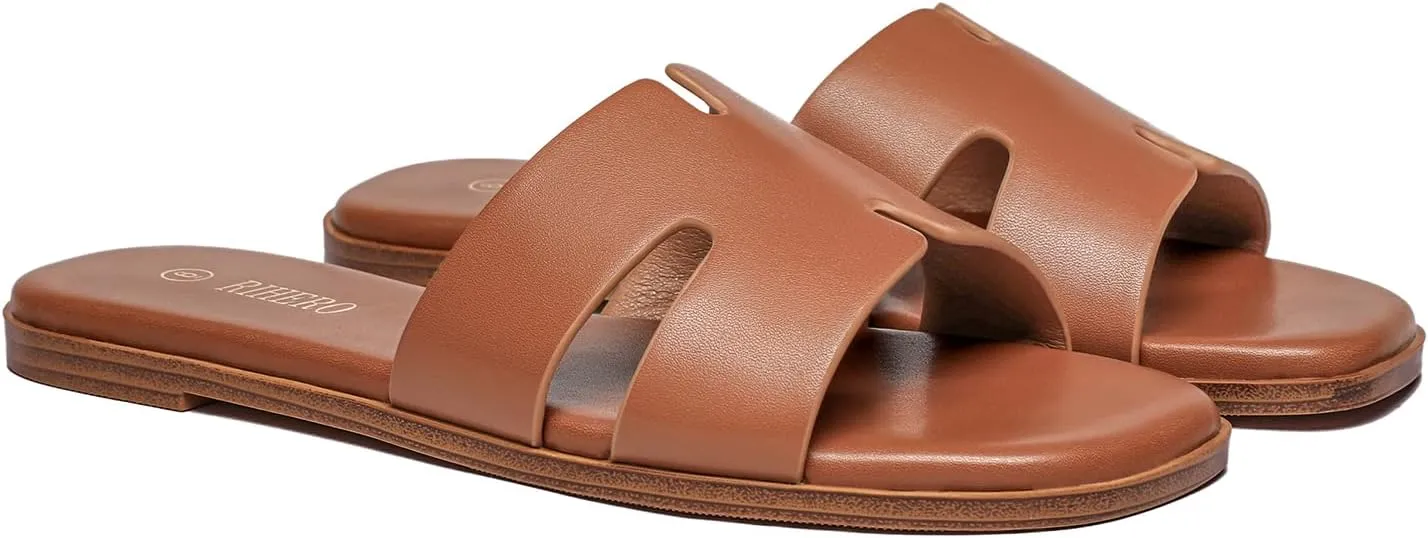 Rihero Women's Dressy Flat Sandals Comfortable Slip On Leather Slide Sandals