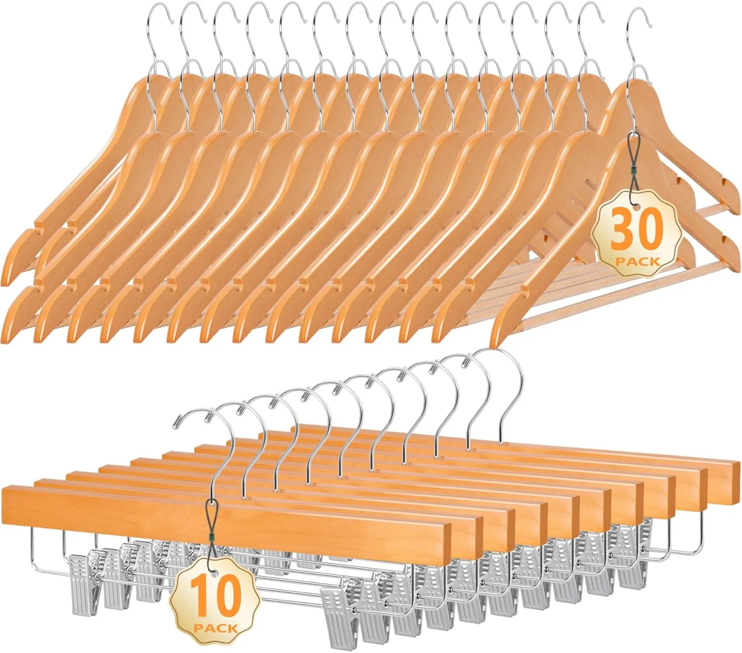 Romswi Premium Wooden Hangers Set - 30 Clothes & 10 Pants Hangers, 360-Degree Swivel Hooks, Anti-Warp, Non-Slip, Heavy Duty for Coat, Suit, Skirt(Set of 40)