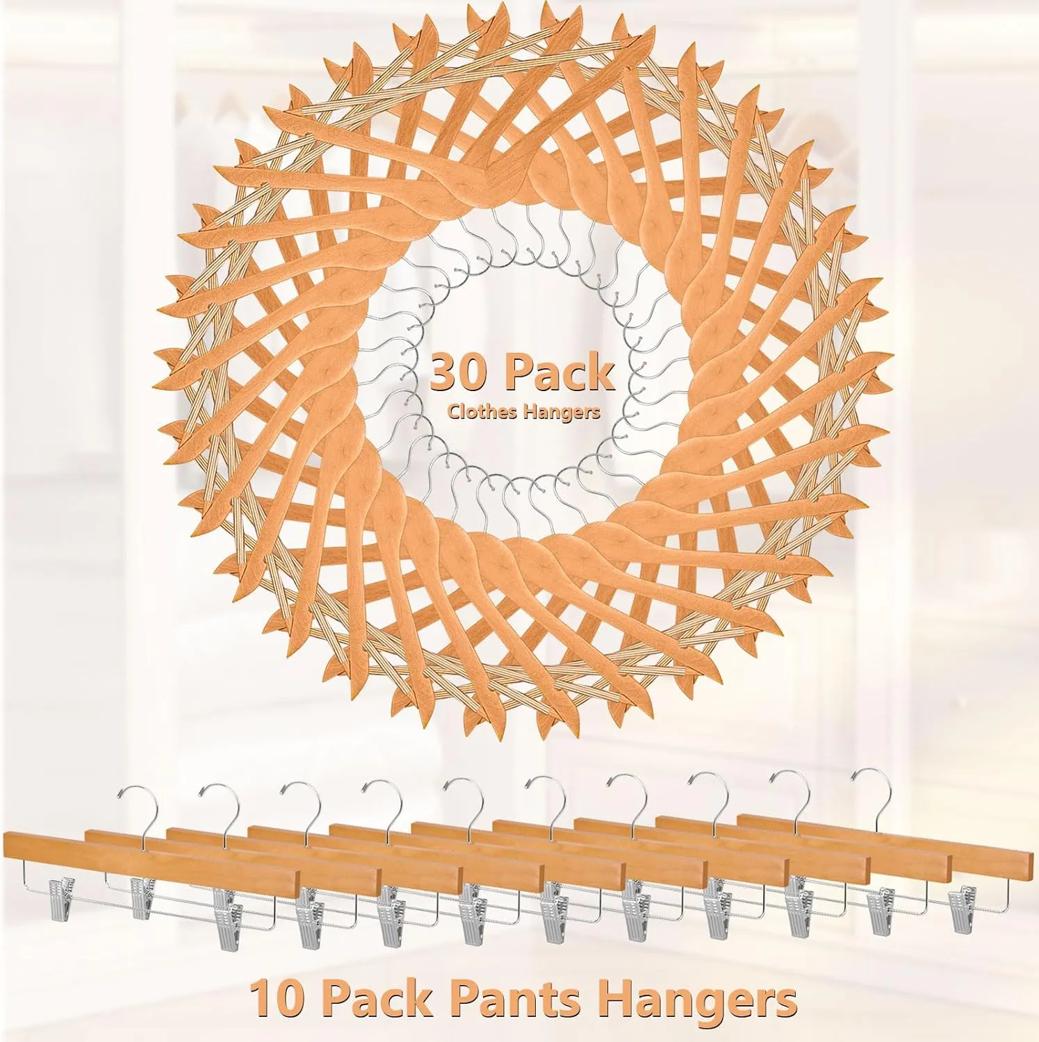 Romswi Premium Wooden Hangers Set - 30 Clothes & 10 Pants Hangers, 360-Degree Swivel Hooks, Anti-Warp, Non-Slip, Heavy Duty for Coat, Suit, Skirt(Set of 40)