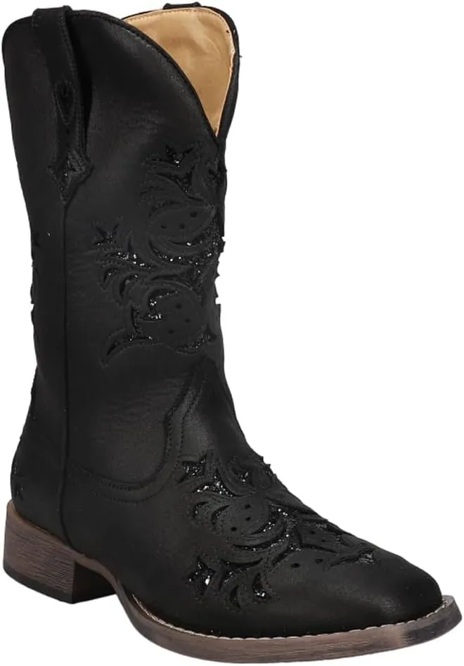 ROPER Womens Kennedy Glitter Tooled Inlay Square Toe Pull On Casual Boots Mid Calf Low Heel 1-2" - Brown
