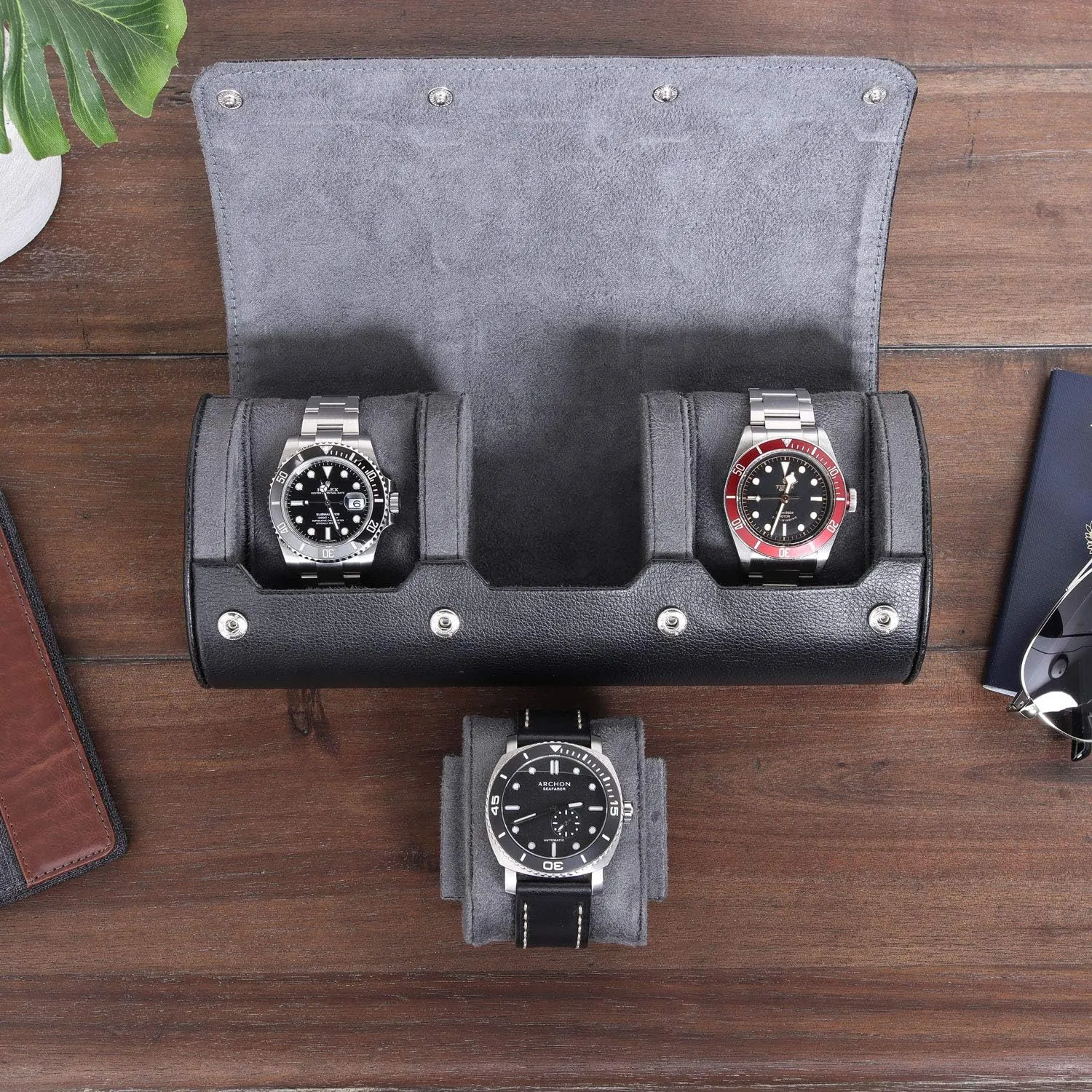 ROTHWELL Watch Roll Travel Case for 3 Watches | Tough Portable Protection, Fits All Wrist Watch & Smart Watches Up to 50mm (Black/Grey)