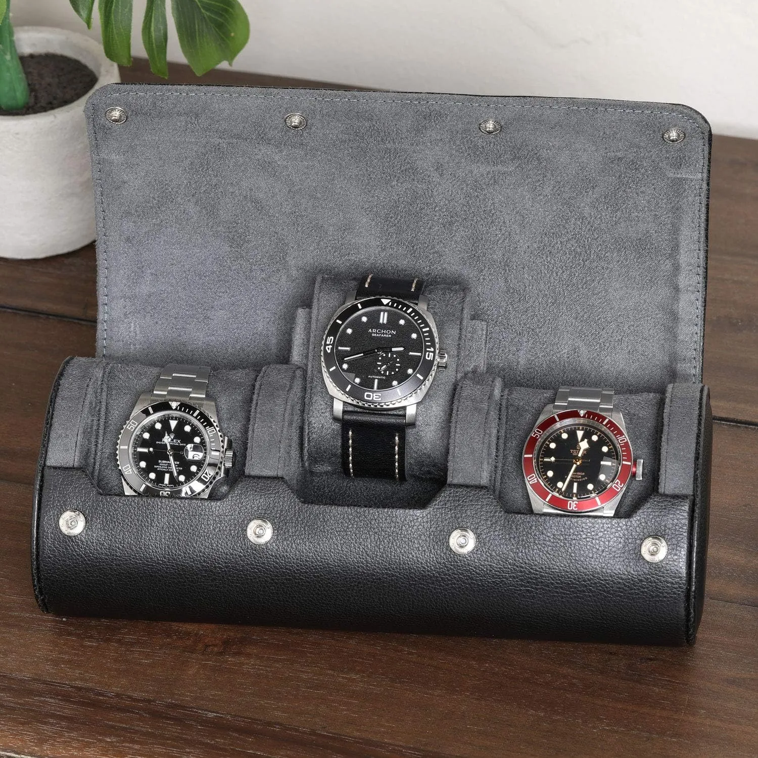 ROTHWELL Watch Roll Travel Case for 3 Watches | Tough Portable Protection, Fits All Wrist Watch & Smart Watches Up to 50mm (Black/Grey)