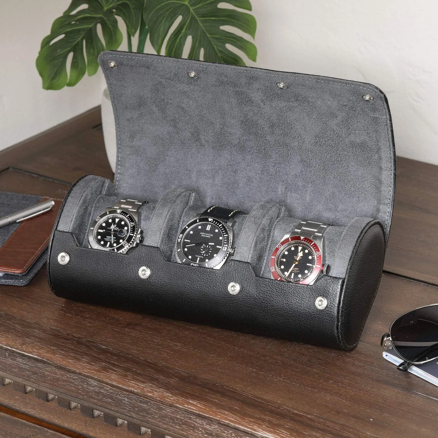 ROTHWELL Watch Roll Travel Case for 3 Watches | Tough Portable Protection, Fits All Wrist Watch & Smart Watches Up to 50mm (Black/Grey)