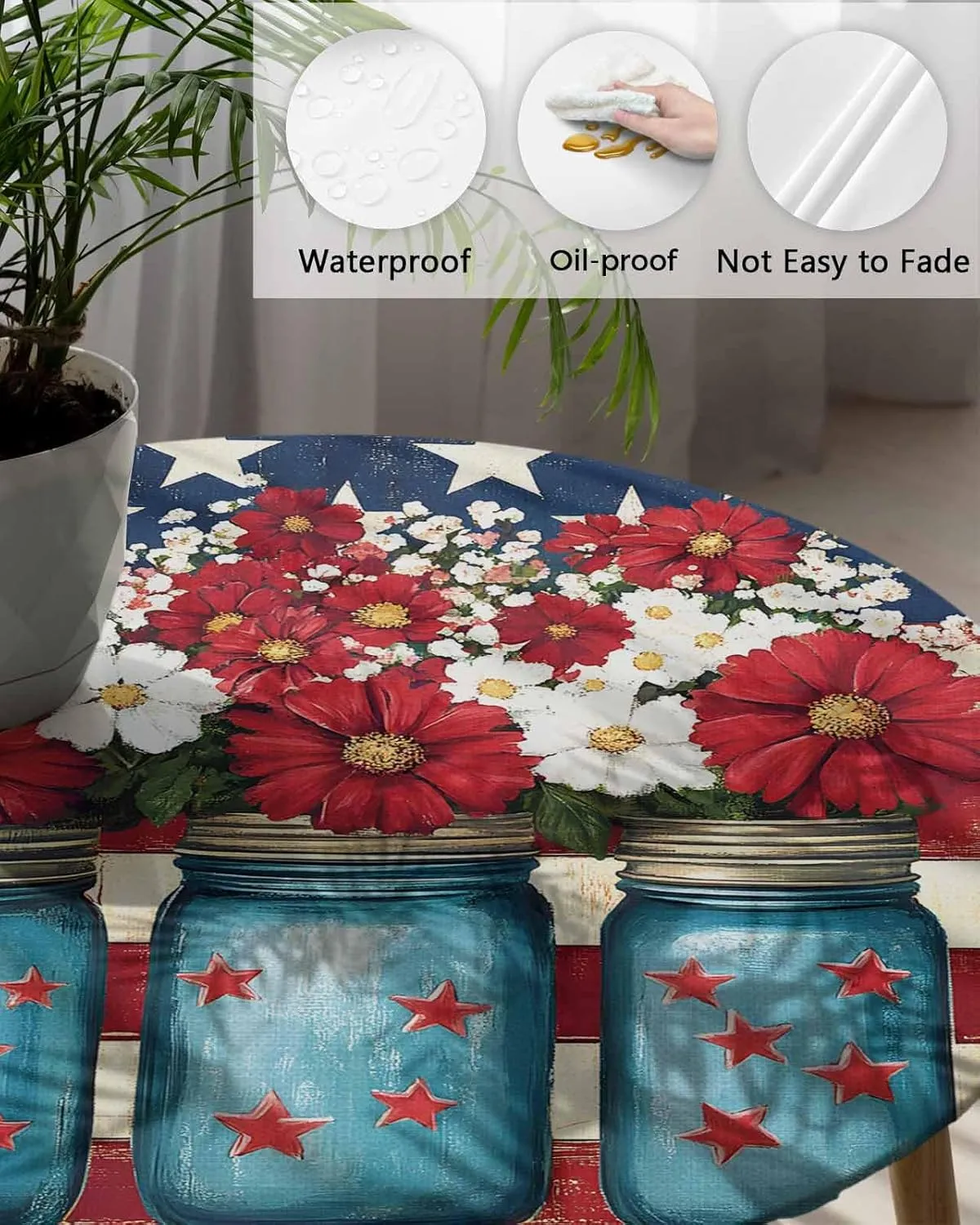 Round Fitted Tablecloth - American Flag Patriotic Flowers Waterproof Table Cover for Indoor Outdoor Holiday Party, Red and White Stripes Elastic Edged Tablecloths Fit Up 45"-54" Tables