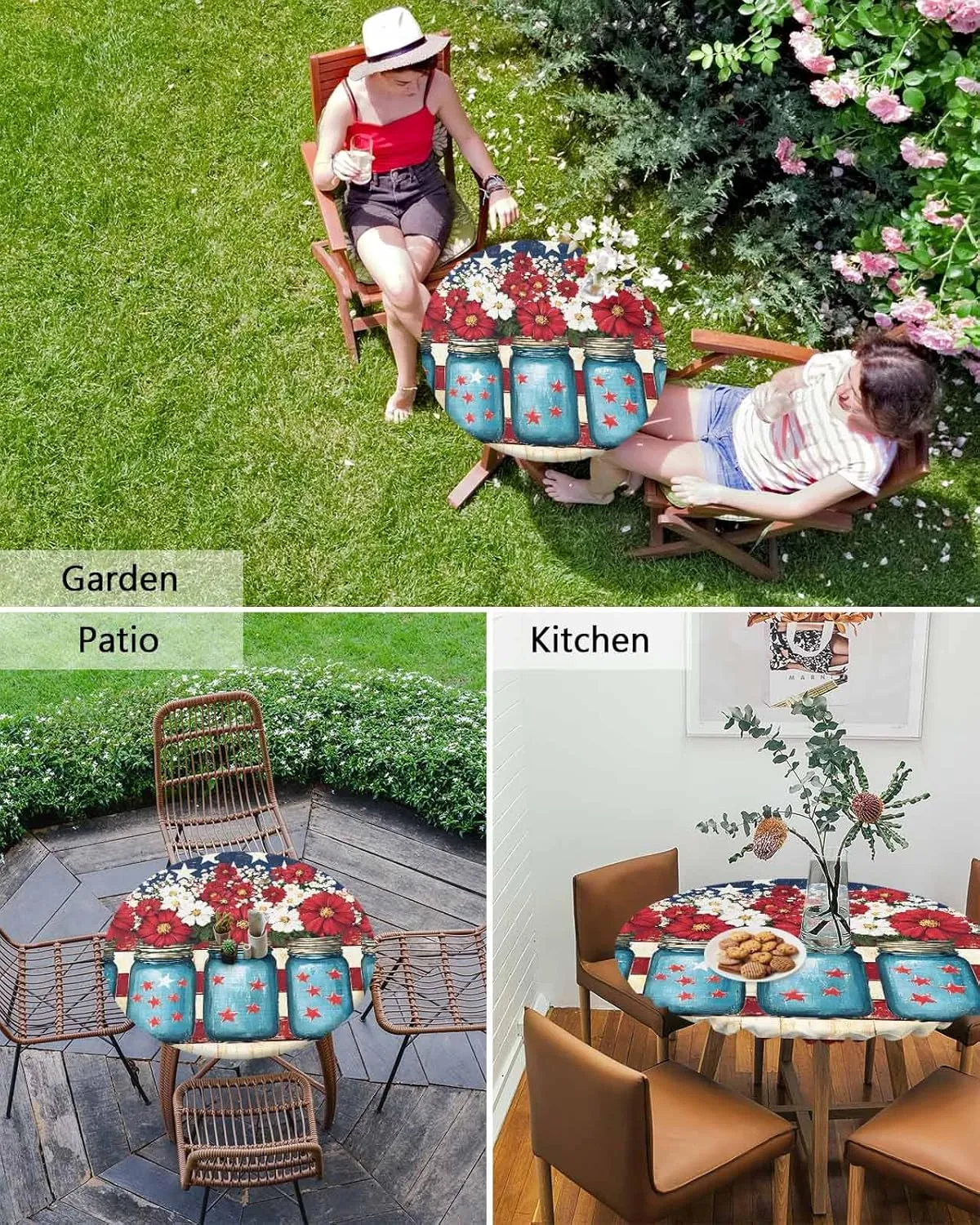 Round Fitted Tablecloth - American Flag Patriotic Flowers Waterproof Table Cover for Indoor Outdoor Holiday Party, Red and White Stripes Elastic Edged Tablecloths Fit Up 45"-54" Tables