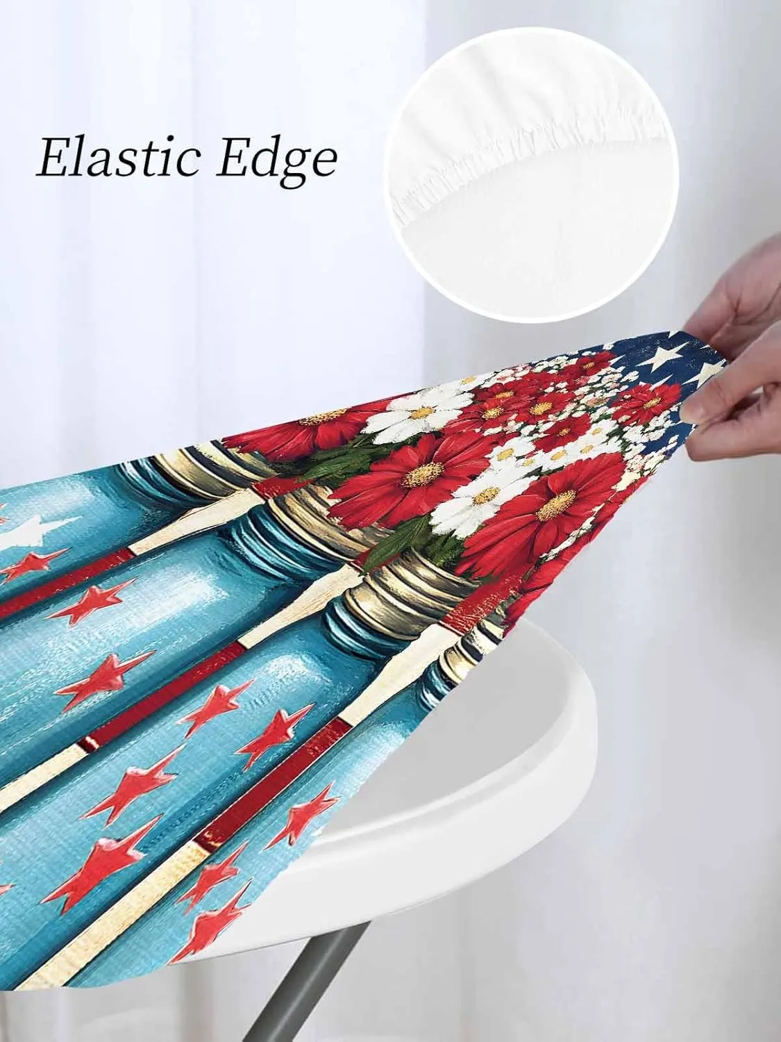 Round Fitted Tablecloth - American Flag Patriotic Flowers Waterproof Table Cover for Indoor Outdoor Holiday Party, Red and White Stripes Elastic Edged Tablecloths Fit Up 45"-54" Tables