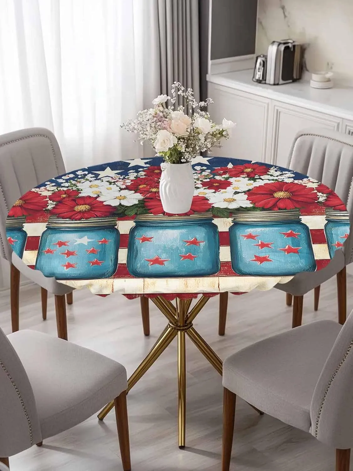 Round Fitted Tablecloth - American Flag Patriotic Flowers Waterproof Table Cover for Indoor Outdoor Holiday Party, Red and White Stripes Elastic Edged Tablecloths Fit Up 45"-54" Tables