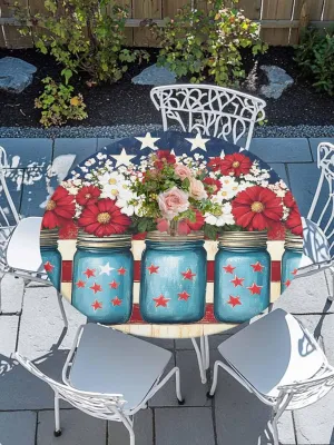 Round Fitted Tablecloth - American Flag Patriotic Flowers Waterproof Table Cover for Indoor Outdoor Holiday Party, Red and White Stripes Elastic Edged Tablecloths Fit Up 45"-54" Tables