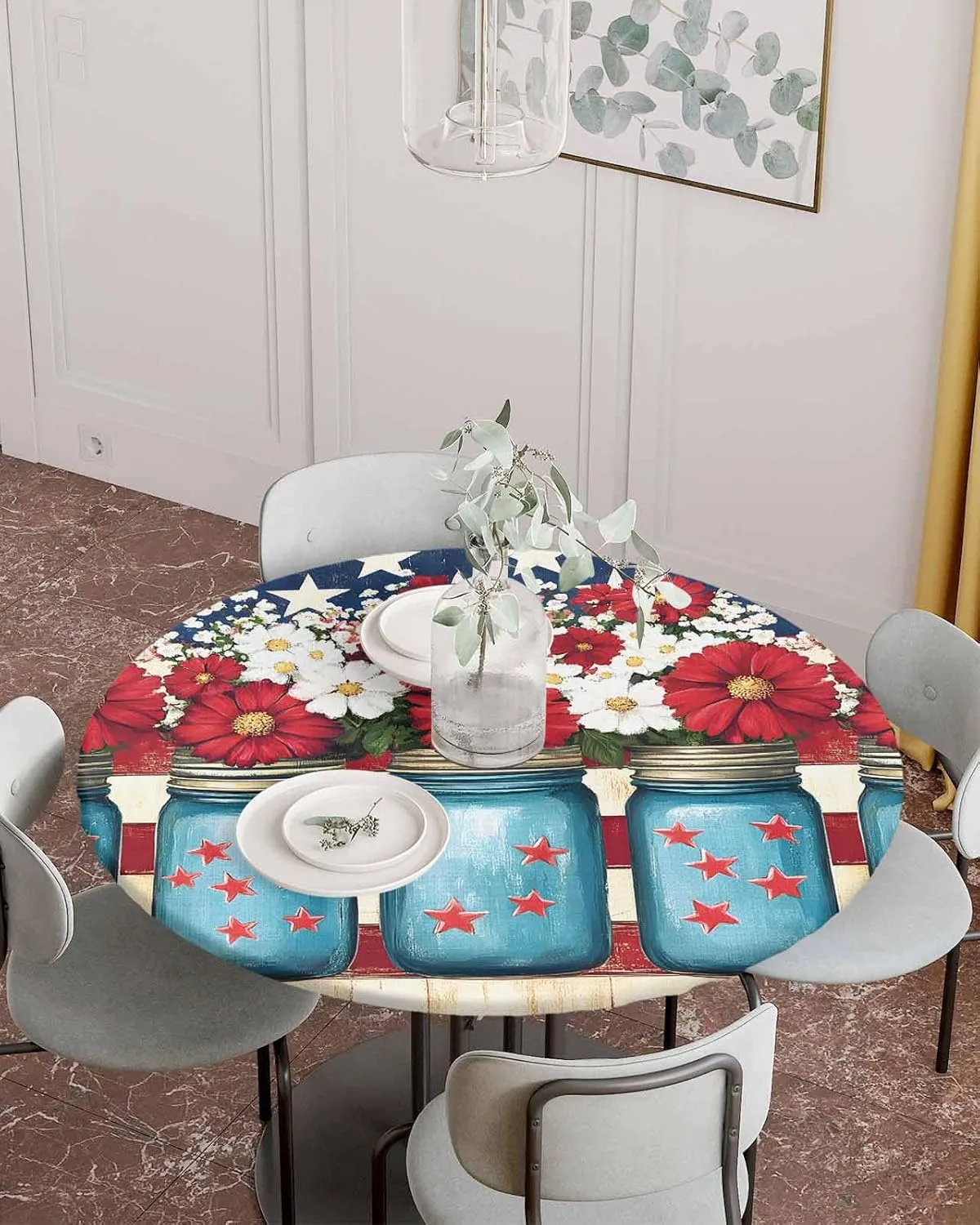 Round Fitted Tablecloth - American Flag Patriotic Flowers Waterproof Table Cover for Indoor Outdoor Holiday Party, Red and White Stripes Elastic Edged Tablecloths Fit Up 45"-54" Tables
